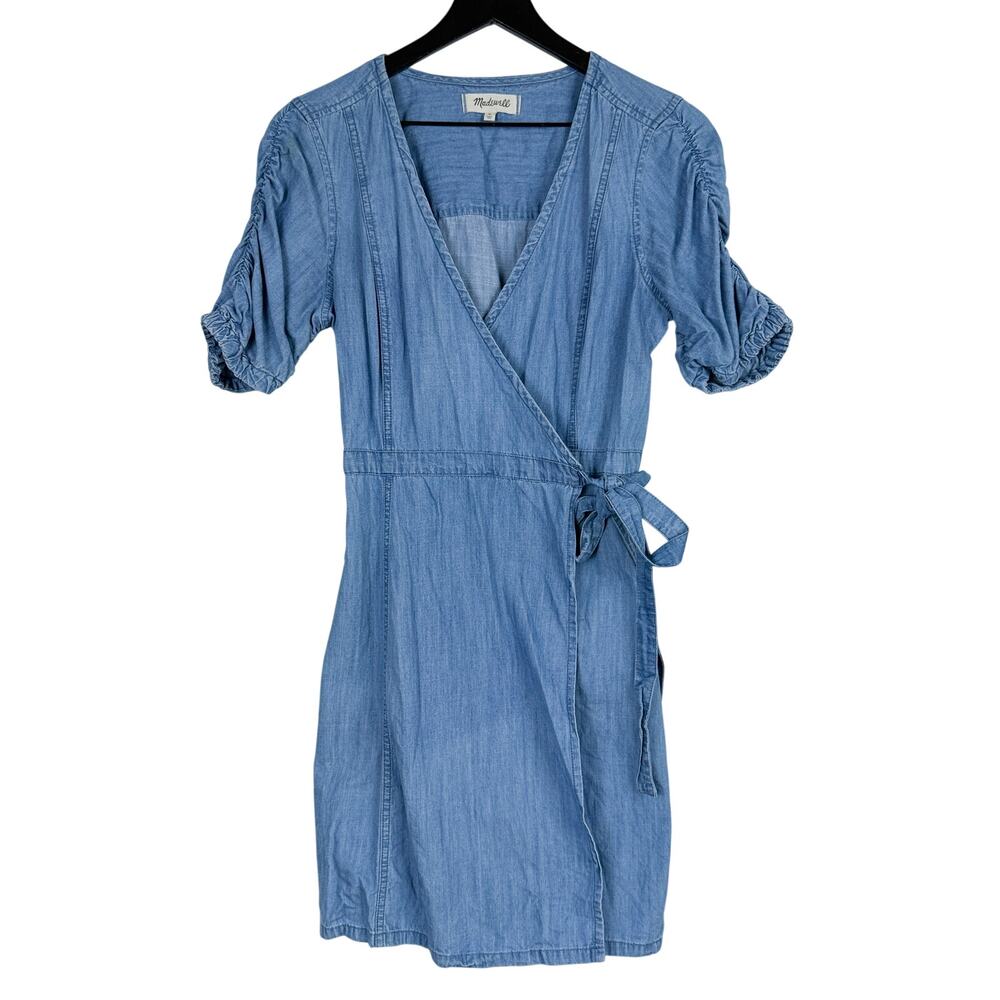 Madewell Denim Shirred-Sleeve Wrap Mini Dress Blue Cotton Lyocell - M